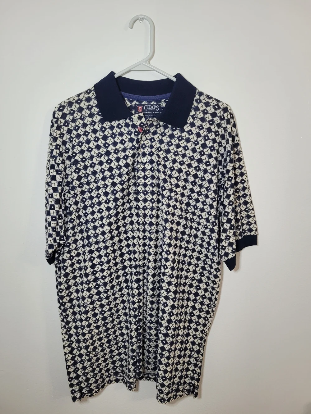 Chaps Ralph Lauren Vintage Golf Polo Shirt Blue/White Geometric Size Medium